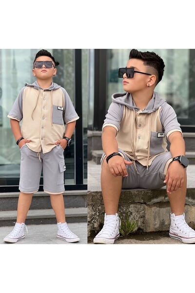 zavera for kids Boy's Summer Thin Ribbed Hooded Shorts Two-Piece Set - Holida...
