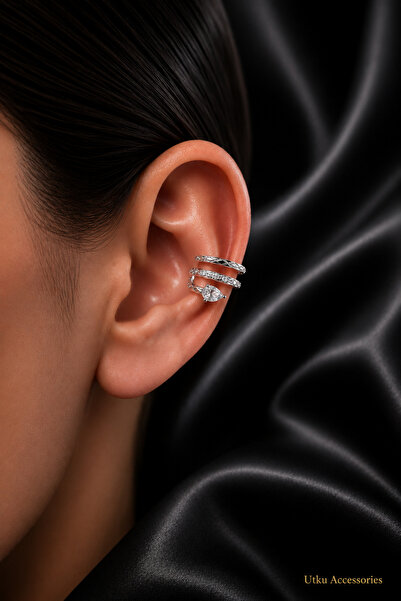 utkuergin Taşlı Yılan Desenli Kıkırdak Çelik Küpe Earcuff