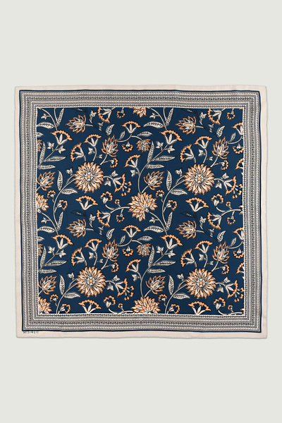Triko Mısırlı Lacivert Retro Floral Desenli İpek Eşarp