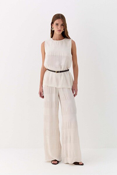 Lencie Textured Belted Blouse Trouser Set Beige