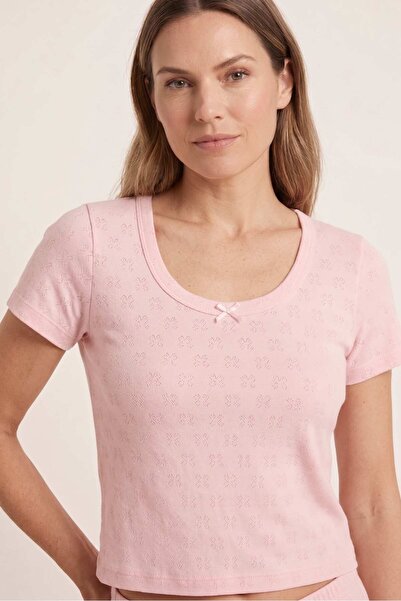 OBJE Women's Pink Ribbed Short Sleeve Pajama Top