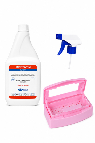 MICROVEM DEZENFEKTAN SIVI 1 L VE ÇİFT BÖLMELİ PEMBE STERİLİZASYON KUTU SETİ