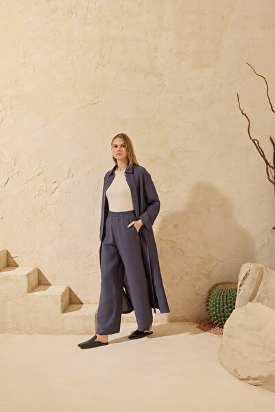 Aker Navy Blue Elastic Linen Fabric Trousers
