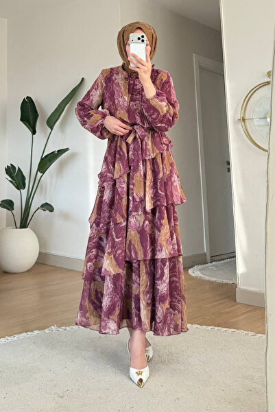 Tesettür Diyarı Rochie Hezan din șifon cu model, căptușită în straturi, pentr...