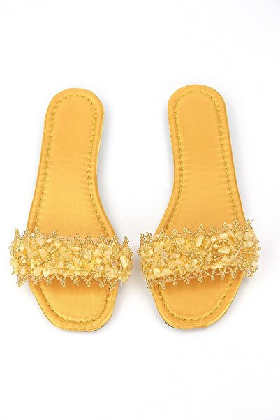 Gökhan Talay Coral Yellow Shiny Satin Handmade Natural Stone Women's Slippers