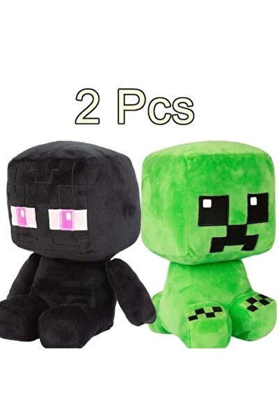 OEM Set de 2 jucării de pluș Minecraft, Creeper și Enderman, 25 cm, negru/verde