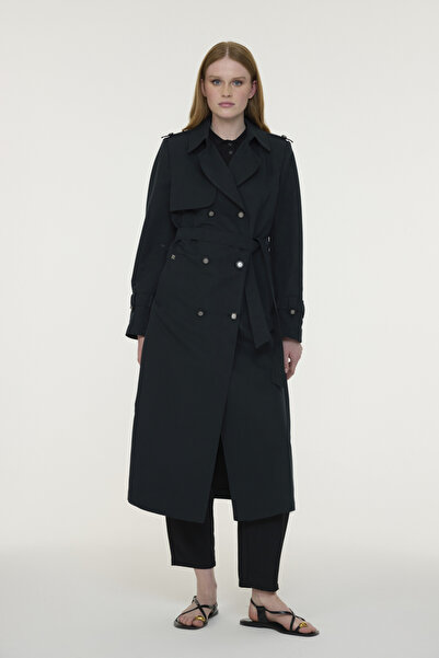 Zühre Embroidery Detailed Double-Breasted Black Trench Coat 14042