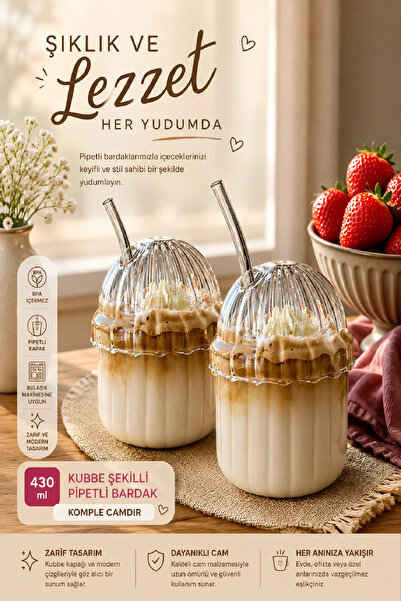 Berdina Home 2'li Kübbe Kapaklı Pipetli Bardak Isıya Dayanıklı EggGlass İskan...