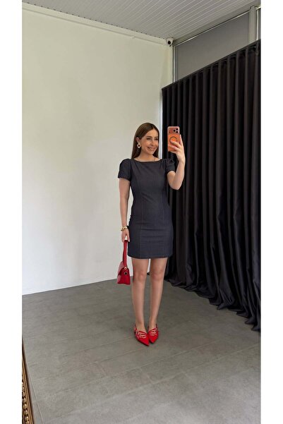elif teke Balon Sleeve Lycra Denim Dress Navy Blue