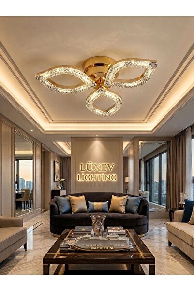 Lüxev Lighting Flora Model Gold 3"lü Ledli 3 Renk Modu Kristal Salon Mutfak Y...