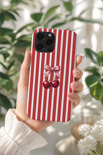 KILIFOLOG iPhone 13 Pro Uyumlu Lansman Silikon Kırmızı Çizgili Kiraz Desenli ...