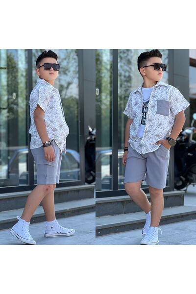 zavera for kids Boy's Muslin Summer Floral Patterned 3-Piece Set - Shorts - P...