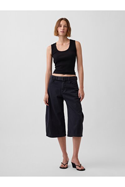GAP Kadın Siyah Mid Rise Kemerli Culotte Barrel Pantolon