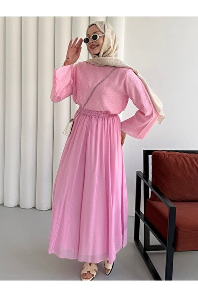 Modaensarbutik Kendinden Desenli Etekli Tesettür Takım-PEMBE