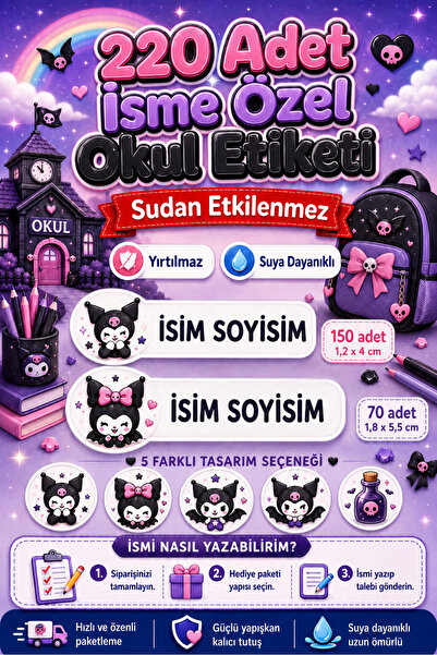 cabuk baskı İsme Özel Siyah Pembe Gotik Okul Etiketi 220 Adet, Suya Dayanıklı...