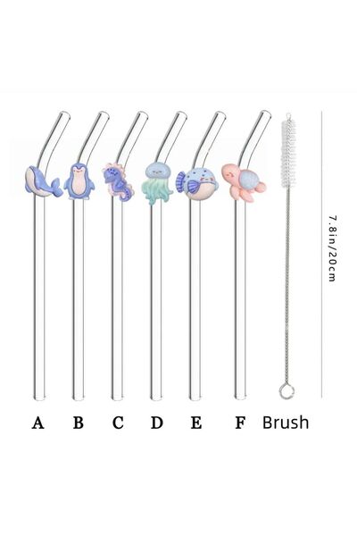 Choice4 Mix 6Straws 1Brush 1/2/7PCS Marine Animal Glass Straws, Reusable Bent...