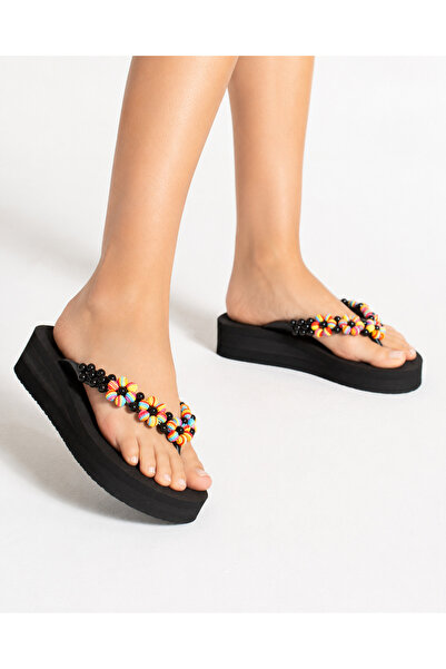 VestioStore Summer Kadın Siyah Renkli Çiçekli Boncuk 4.5 cm Platform Taban Şı...