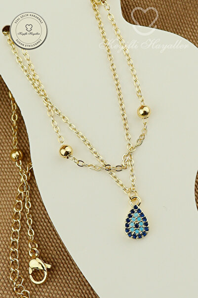 Keyifli Hayaller 316L Çelik Halhal - 14K Renkli Taşlı Damla Dorika Birleşik Zincir Çelik Halhal 22+4cm