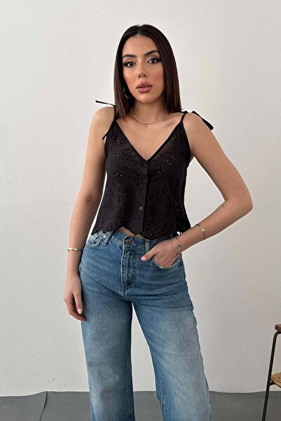 ozelia Black Lace-Up Embroidered Blouse
