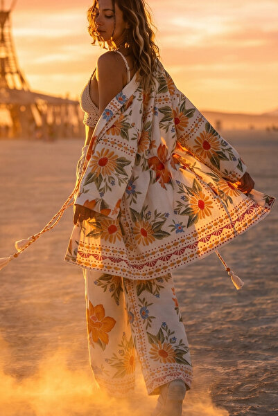 FASHION COCKTAIL Island Girl Vintage Tie-Up Tropical Sleeve Kimono and Elasti...