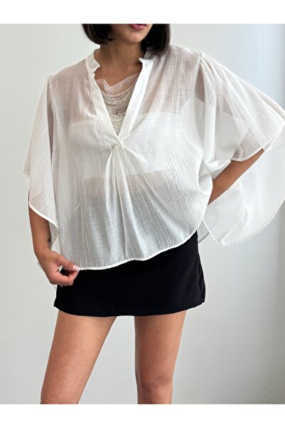 CrepTekstil Crep Women's Beaded Detailed Bat Sleeve V-Neck Loose Chiffon Ecru