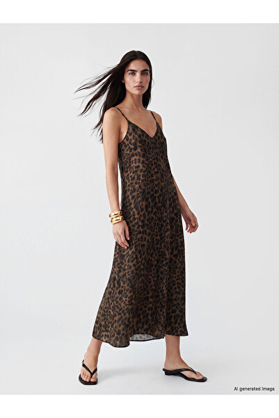 LC Waikiki Lucky Special Selection Leopard Print A-Line Dress with Rope Straps