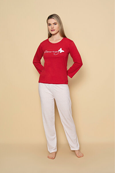 Serena Pijama dama-maneca lunga si pantalon lung- culoare rosu imprimeu Dreaming