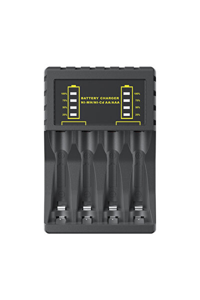 Choice شاحن بطاريات AA/AAA أسود بـ 4 فتحات مع شاشة LED ذكية ومنفذ USB-C لشحن ...