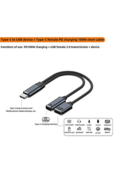 Choice كابل USB C OTG رمادي بطول 14 سم، محول هاتف 2 في 1 من النوع C إلى USB A...