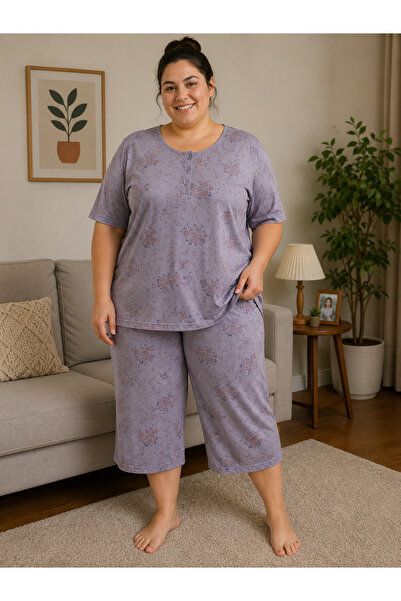 BALİS PİJAMA Women's Plus Size Floral Patterned Spotted Pajama Set Short Slee...