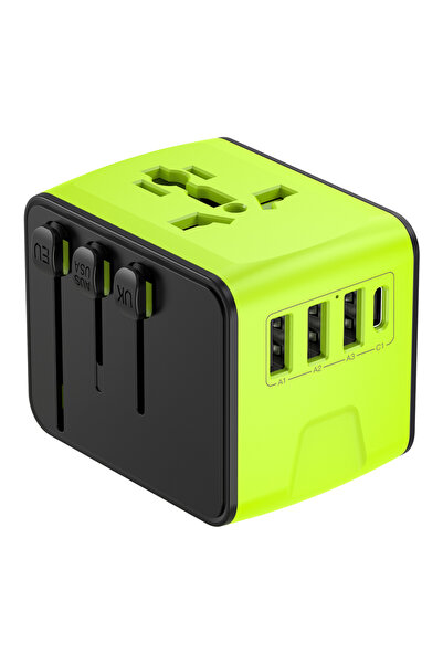 choice2 محول سفر عالمي أخضر اللون، سريع الشحن 3.4 أمبير، 4 منافذ USB، منفذ Ty...