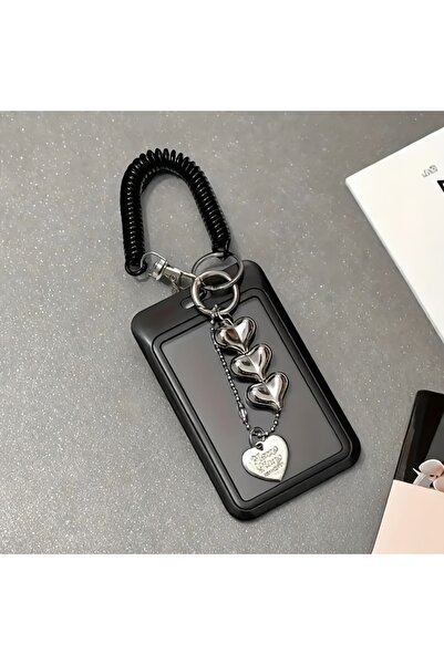 Choice black 1pcHeart-shaped bus card holder with keychain，Office and schoolI...