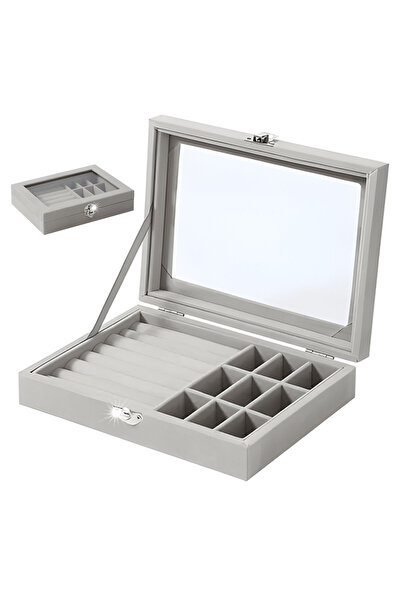 Velaris Grey Velvet Jewellery Box 1 Level - Compartments & Elegant Protection