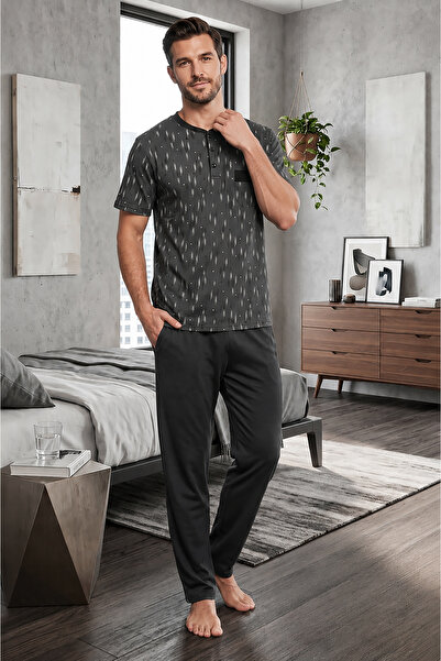 Bravie Men's Buttoned Collar Patterned Short Sleeve Slim Pajama Set with Pockets Smoked