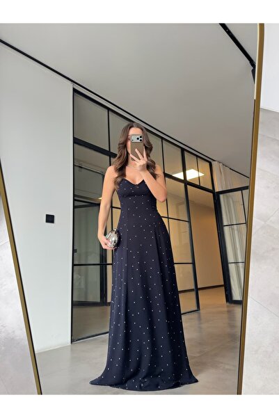 BB Bensu Buyruk Dress with Thin Straps and Polka Dots, Navy Blue