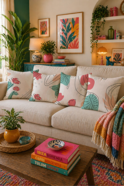 LadiesHome Pastel Floral Patterned 4-Piece Throw Pillow Cover 43X43 cm Double...