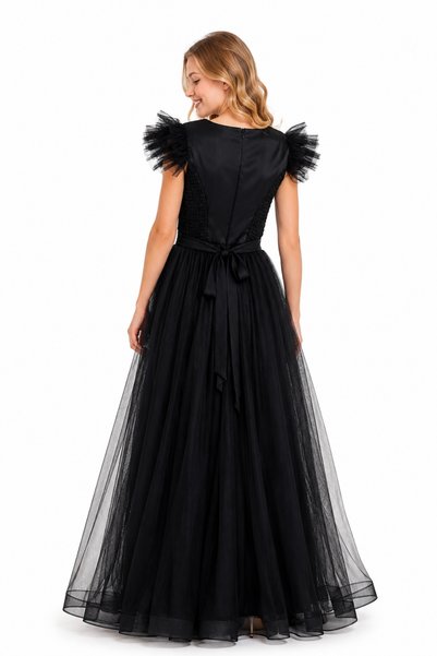 AHENGİM Girl's Tulle Detailed Belted Evening Dress Special Occasion Dress Ak2613