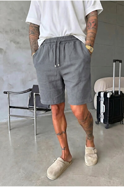 MADZEYMODA Men's Linen Shorts Smoked Elastic Lace-Up Comfortable Cut Summer W...
