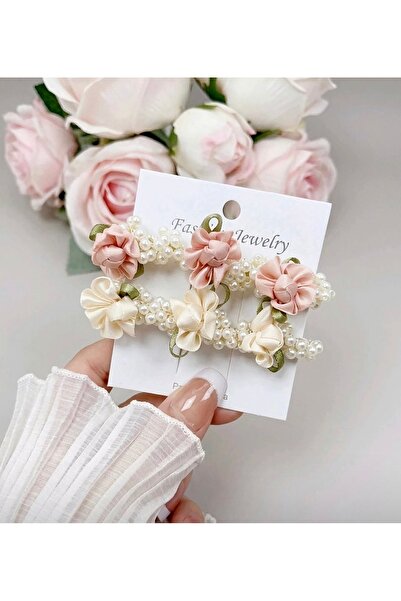 LİNACO Coquette Style Pembe & Krem Çiçekli İnci Kaplama Lastik Toka