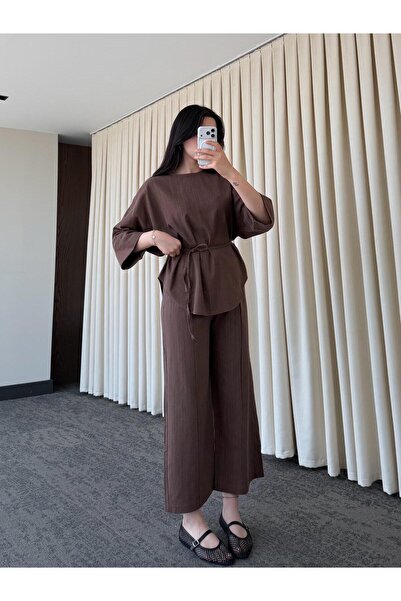 My Blog Brown 100% Cotton Belted Suit - 8726