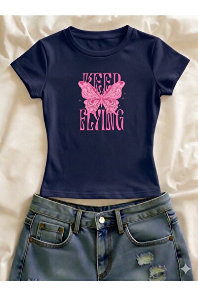 Vordevia Tricou crop cu mânecă scurtă, cu imprimeu fluturi, din lycra, cu cro...