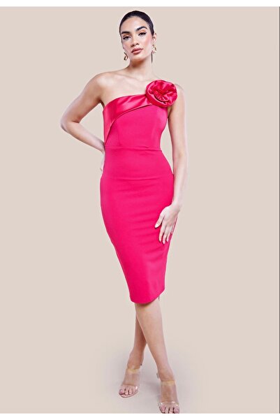 goddiva london Women’s Fuchsia One Shoulder Midi Cocktail Dress with Satin Fl...