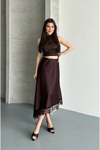 MODA Women's Lace-Detail Satin Asymmetric Skirt