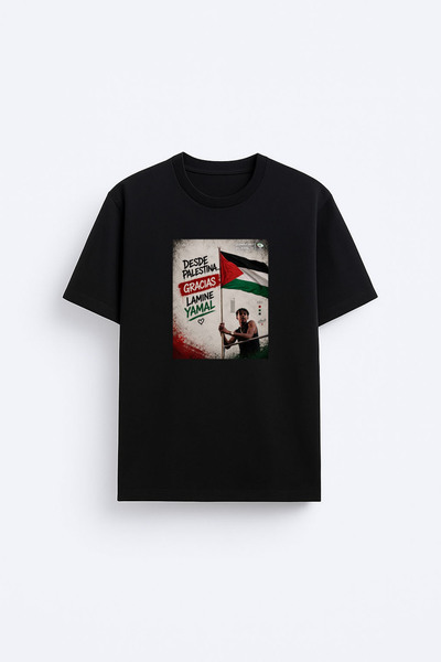 AYDESİGN Tricou negru din țesătură de bumbac imprimată Lamine Yamal Palestine