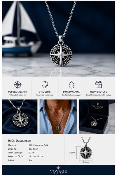 voyageaccessory Stainless Steel Minimal Design Anthracite Gold and Silver Color Compass Necklace