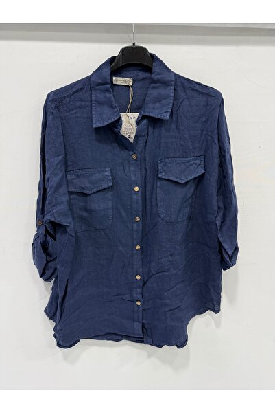 della moor Women's Blue Italian Folded Long Sleeve Oversize Long Linen Shirt ...