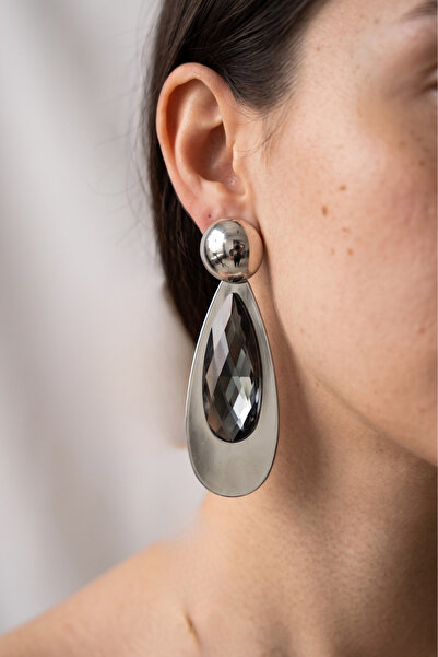 PETEK AKSESUAR Metal Large Drop Crystal Earrings 9 Cm.