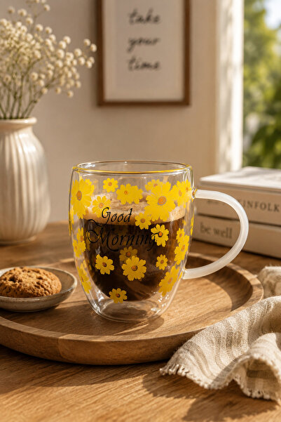 Karçiçeği Home 350 ml Double-Walled Floral Patterned Glass Mug – Transparent ...
