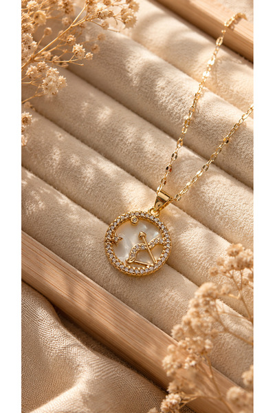 Tiştok accessory 316L Çelik Gold Yay Burcu Kolye /Zirkon Taşlı Kararmaz Antia...