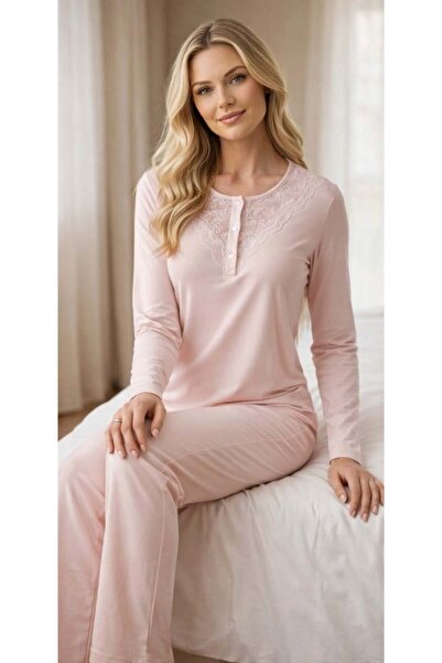 FLZ Kadın Uzun Kollu Dantel Detaylı Pijama Takımı Kırmızı – Rahat Ev Giyim Se...